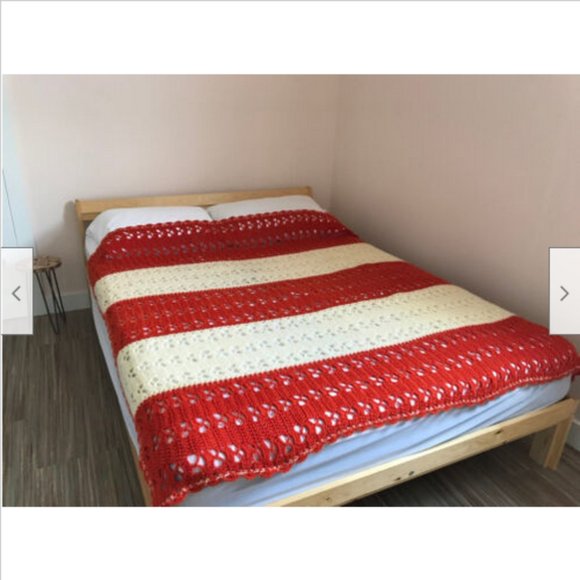 Ivory & Orange Hand Crochet Afghan Throw Blanket Open Fan Stitch 64x72" - Picture 3 of 5